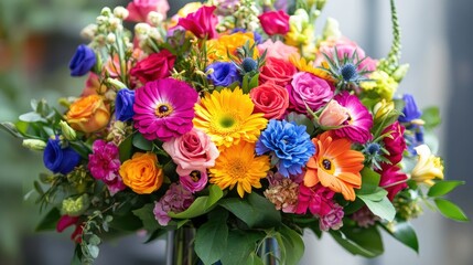 A vibrant floral bouquet featuring a variety of flowers such as roses lilies and dahlias, arranged in a decorative centerpiece. Bright colors lush greenery festive or romantic occasions. Generative AI