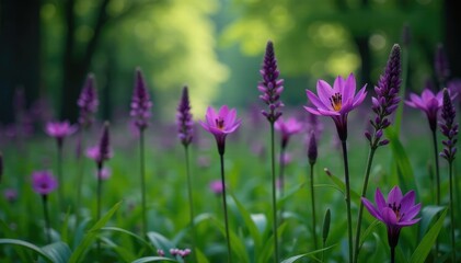 Tall black stalks supporting dark purple lily flowers in a dense thicket,, foliage, wildlife