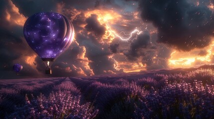 Hot air balloons floating over a lavender field during a dramatic sunset with lightning in the background