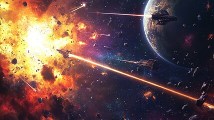 Obraz premium Futuristic space battle starships firing laser beams amidst chaotic cosmic backdrop. Explosions debris asteroid fields dominate intense galactic war technology interstellar conflict. Generative AI