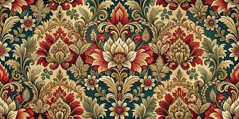 Elegant floral damask pattern with intricate details and rich colors, reminiscent of luxurious fabrics used in high-end fashion and interior design , classic, vintage