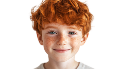 Portrait of a smiling ginger-haired boy with freckles, isolated on transparent background, ideal for creative projects and digital artworks, png with transparent background.