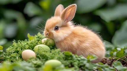 Fototapeta premium A cute fluffy bunny sitting near colorful decorated eggs