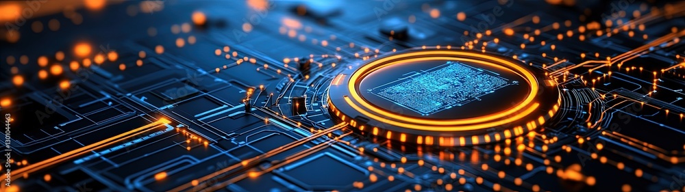 Poster futuristic technology circuit board design with glowing elements and microchip focus