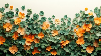 Shamrock confetti texture banner background filled with green and orange lucky clovers for St. Patrick's Day.