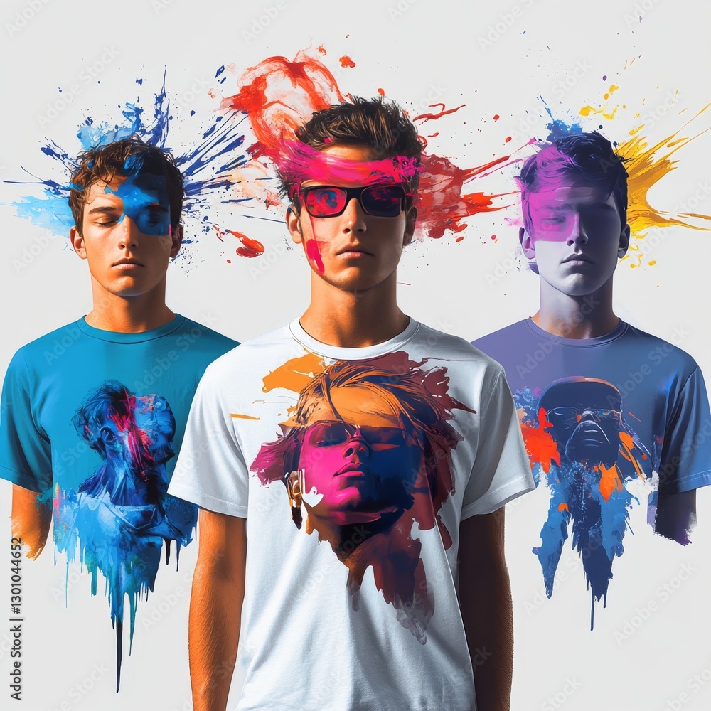 Poster abstract expression: three figures painted in bold splashes and colors, merging art and portraiture