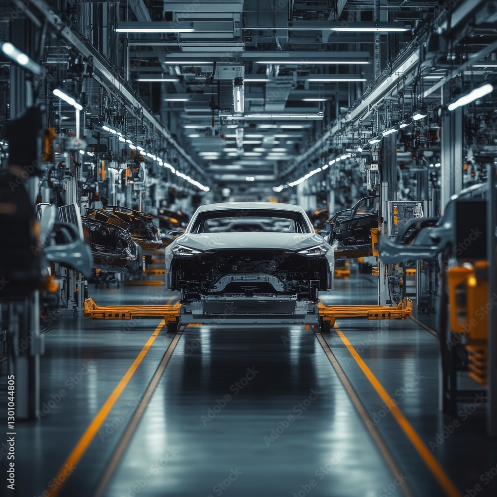 Poster automated automotive assembly line: a futuristic car manufacturing plant with robots and advanced te