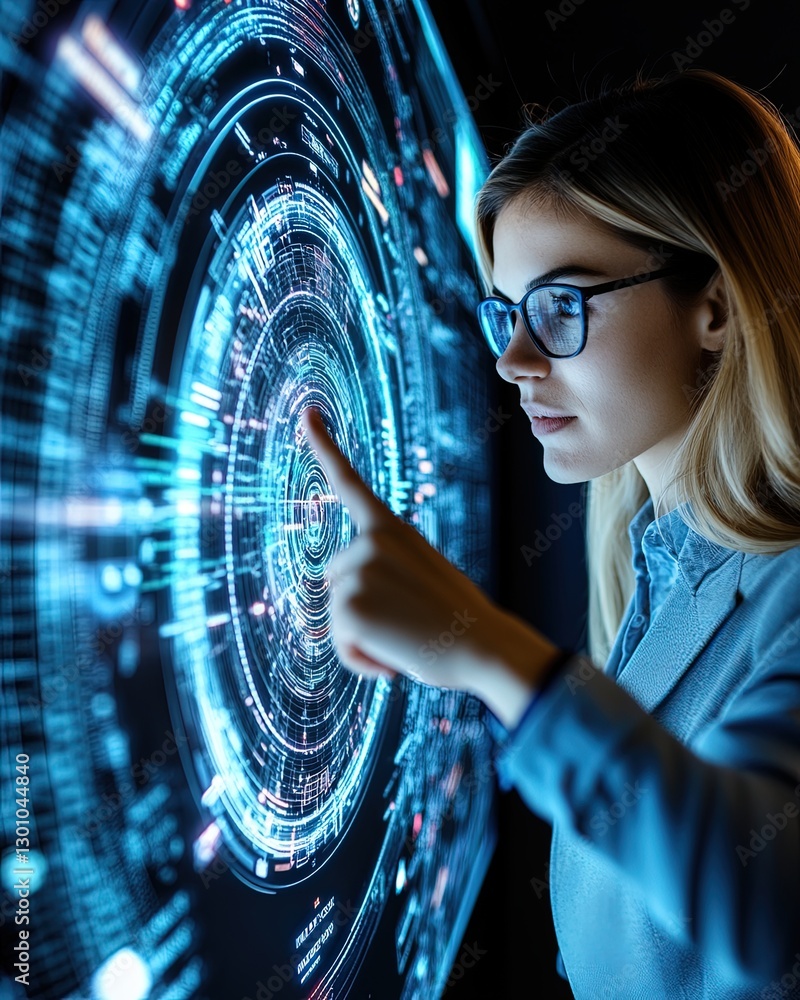 Poster young woman interacting with futuristic digital interface displaying data visualization concepts