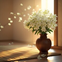 Elegant White Flowers in Wooden Vase with Sunlit Background