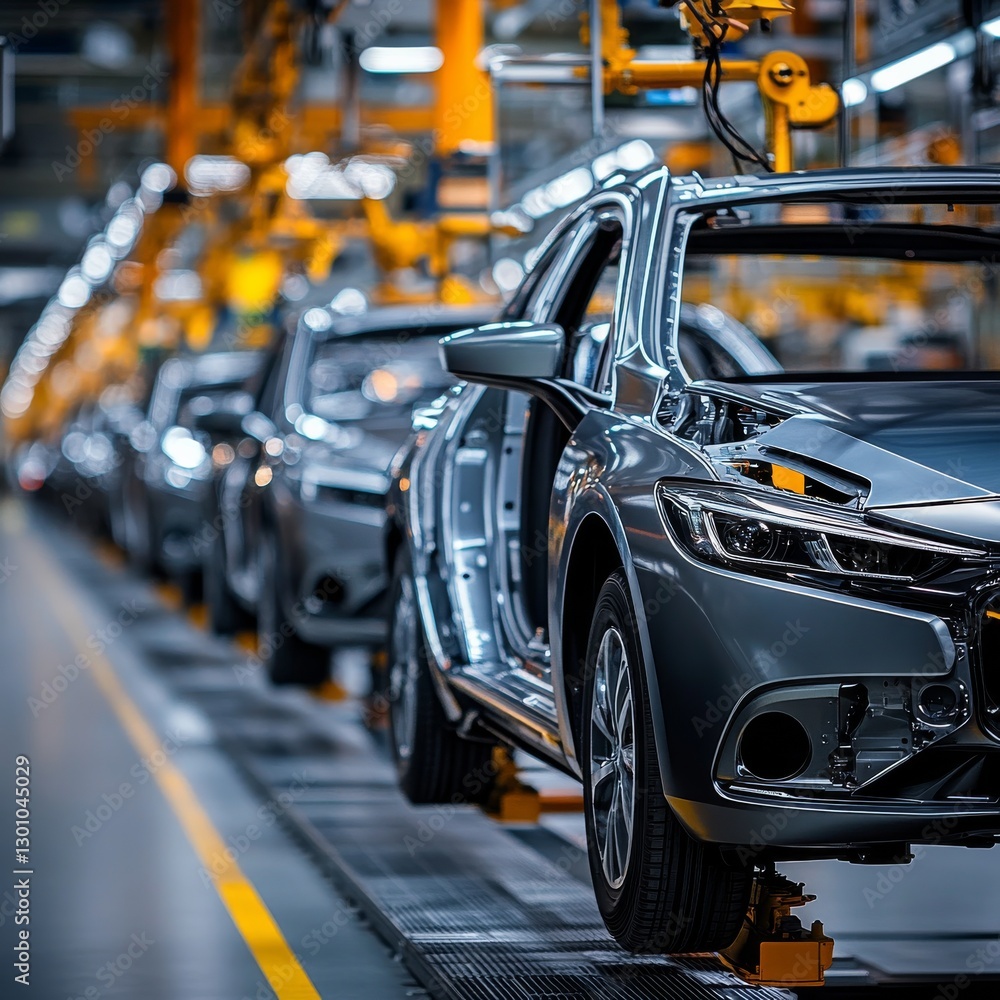 Poster automated precision: a modern car manufacturing assembly line with robotic arms & quality control in