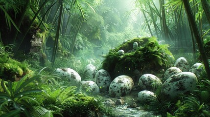 Lush jungle scene with giant eggs nestled in a vibrant green landscape, sunlight filtering through foliage
