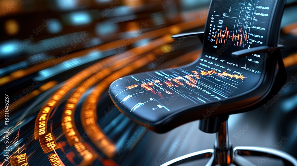 Aufkleber high-tech office chair with digital interface and dynamic data visualization background