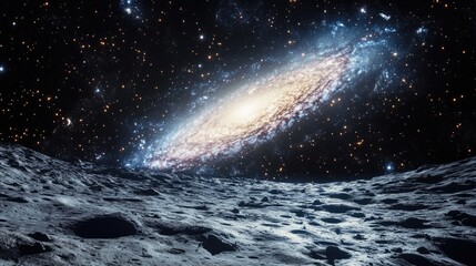 Majestic view of spiral galaxy from moons surface, featuring expansive, star-filled night sky. The scene combines realistic lunar craters cosmic elements exploration wonder deep space. Generative AI