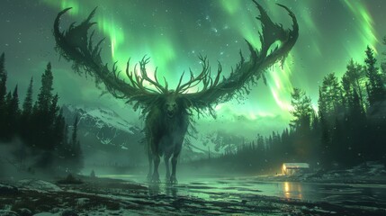 Majestic creature with antlers stands by a shimmering lake under a vibrant aurora in a serene forest