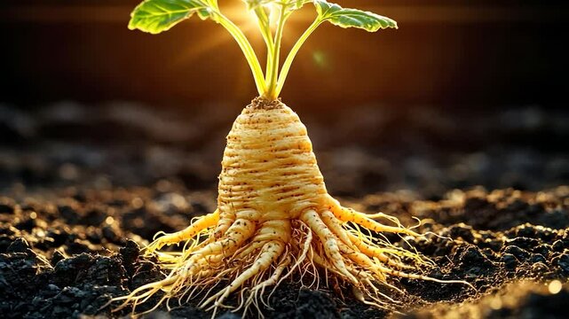 Celeriac sprout emerging from soil at dawn
