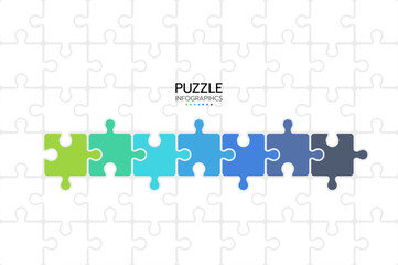 Puzzle infographics with 7 pieces. Jigsaw business chain infographic. Process diagram presentation. Vector illustration.