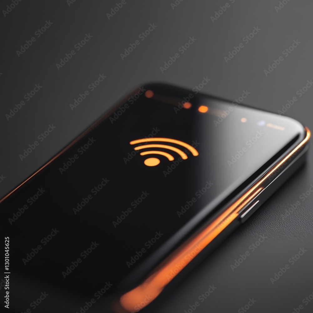 Poster connected device: a sleek smartphone displaying a bright orange wi-fi symbol on a dark background