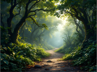 Obraz premium Misty forest path surrounded by lush green trees and sunlight filtering through