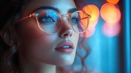 Side profile of stylish woman with glasses in colorful neon lights.
