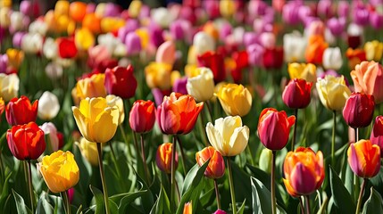 A vivid field of tulips in full bloom, showcasing array of red, pink, yellow orange flowers under soft natural light. The bright cheerful setting represents beauty of spring and renewal. Generative AI