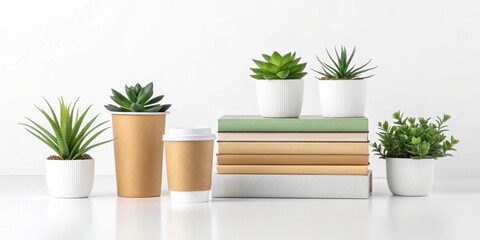 A modern, clean still life arrangement of various items, such as books, coffee cups, or plants, set against a smooth white background