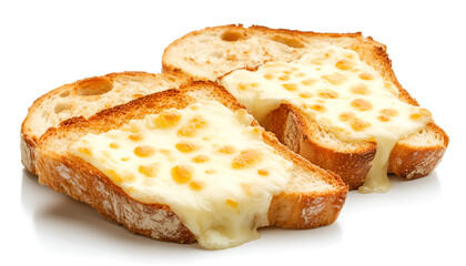 Pieces of toasted bread with melted cheese isolated on white