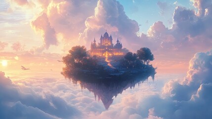 Golden floating castle illuminated by setting sun, resting atop clouds in serene magical sky. Majestic, dreamlike structure fantasy wonder, blending ethereal elements with warm lighting. Generative AI