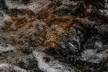 A detailed close-up of foamy bubbles forming on the surface of a fast-moving stream. The intricate texture and reflections capture the dynamic motion of water in nature.
