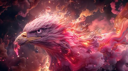 Majestic eagle with vibrant colors soaring through a dreamy cosmic landscape filled with clouds
