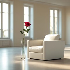 Elegant White Armchair with Red Rose in Vase by Sunlit Window