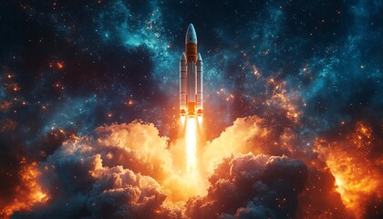 Futuristic rocket soaring into space, surrounded by vibrant smoke and fire, representing technological breakthroughs and space exploration, dynamic, highdefinition shot