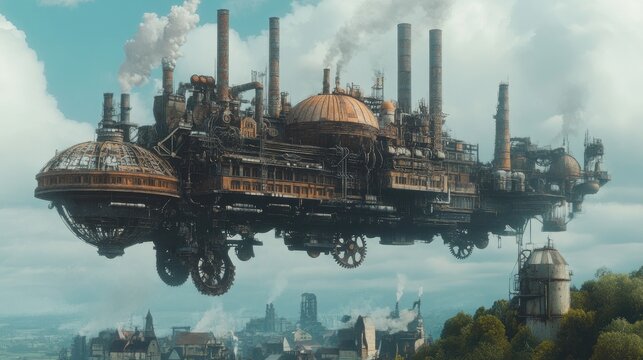 Massive steampunk airship hovering over foggy industrial cityscape intricate machinery glowing lights. The atmospheric design dystopian retro-futuristic aesthetic technology innovation. Generative AI