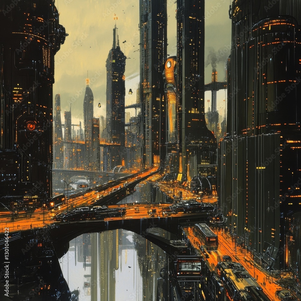 Aufkleber neon cityscape: a glimpse into a dystopian future with towering structures and reflective waterways 