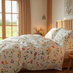 Floral bedsheet mockup spread neatly in a cozy countryside bedroom