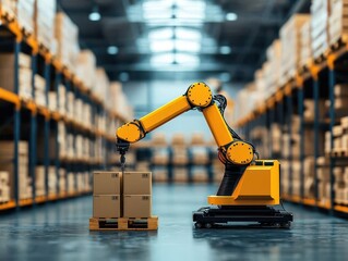 Fototapeta premium Hightech warehouse with robotic arms handling goods efficiently in a minimal setting