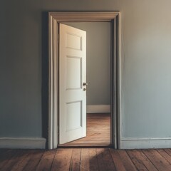 Open White Door in Gray Room with Wooden Floor, Inviting Light and Opportunity