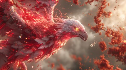 Majestic fiery phoenix soaring through a stormy sky, surrounded by swirling embers and smoke