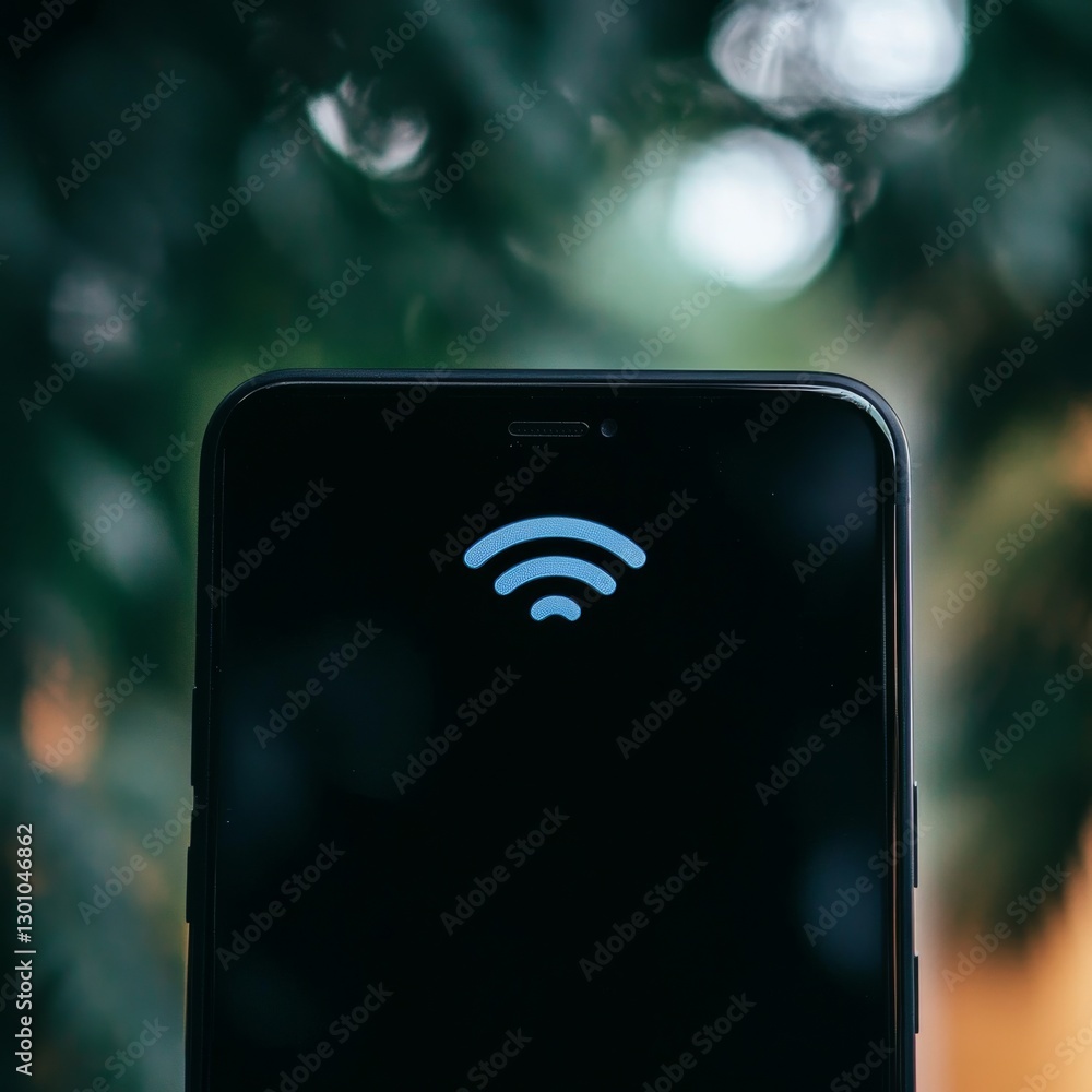 Aufkleber smartphone showing wifi connection against a green bokeh background, emphasizing modern connectivity