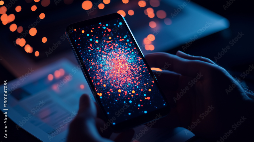 Poster person holding smartphone displaying vibrant cosmic design with colorful dots against dark backgroun