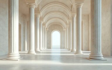 Ancient architecture corridor with stone columns, empty platform for product presentation, minimal 3D illustration