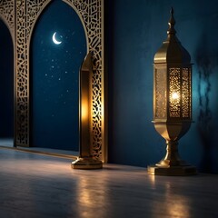 Islamic blue blank minimalist wallpaper, crescent big size in the middle, shining in gold , Ramadan the holy month, warm ambience, blessing