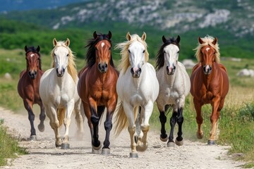 Obraz premium A herd of wild horses galloping along a canyon ridge at sunrise