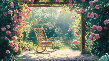 A peaceful outdoor scene with a rocking chair and blooming roses
