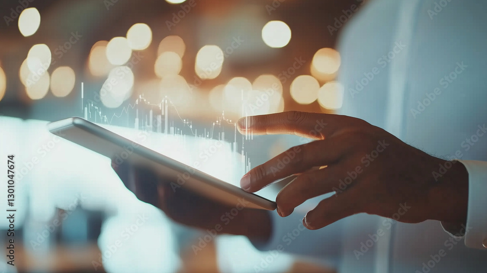 Aufkleber person using tablet to analyze data with glowing graphs in background, showcasing modern technology 