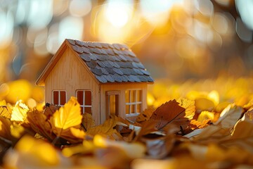 Vibrant Image of Miniature Wooden House with Yellow Leaves on a Sunny Autumn Day