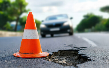 Orange and white traffic cone for street accident safety. A traffic cone placed near a pothole on a road, with a car in the background, highlighting road safety and infrastructure issues.