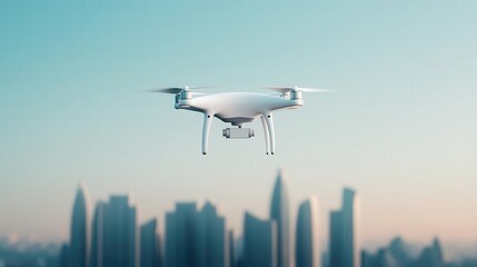White drone transporting a single package above a minimal futuristic cityscape