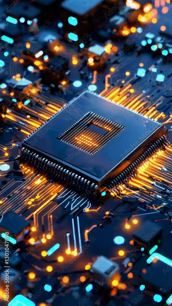 Poster neon pathways illuminate digital brain. microchip architecture pulses with orange and blue energy ac