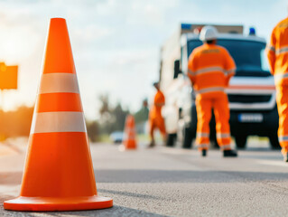 Orange and white traffic cone for street accident safety. Traffic cone in the foreground with road workers in orange vests attending to a vehicle on a sunny day.