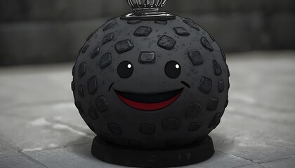 Cartoon bomb character smiling, indoors, in front of background